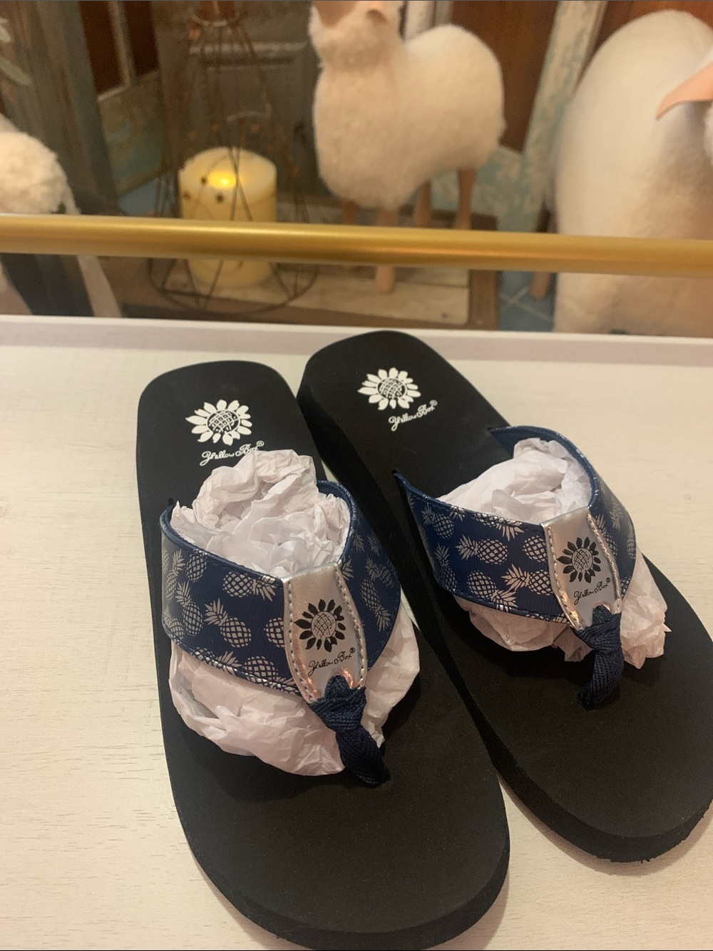 Yellow Box Navy Floral Print Thong Sandals